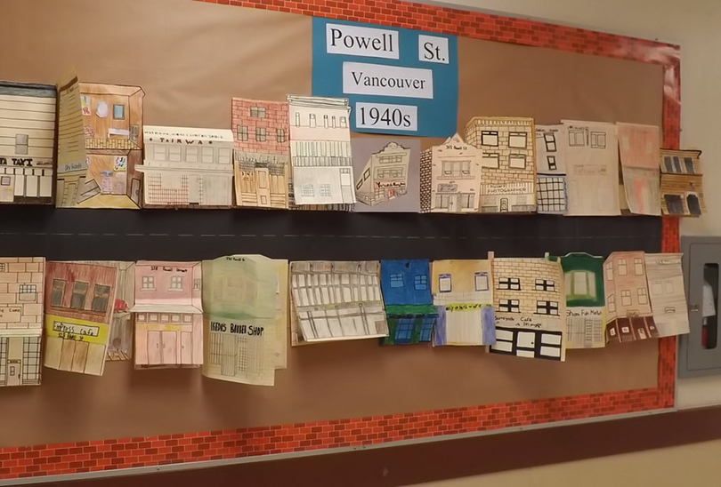 Bulletin board with paper recreation of Powell Street Neighbourhood