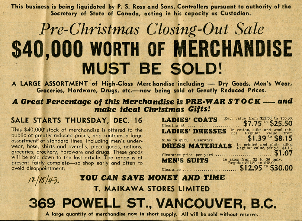Pre-Christmas sale advertisement, 15 December, 1943.